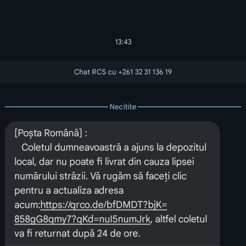 Avertisment: Mesaje înșelătoare pretinzând a fi de la Poșta Română