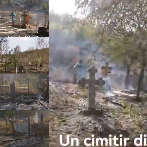 Incendiul de vegetație din comuna Capreni s-a extins în cimitirul din Bulbuceni