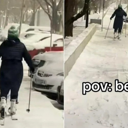 O femeie schiază pe străzile din București