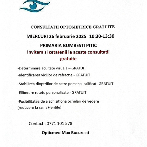 Consultatii oftalmologice gratuite la primăria comunei Bumbești-Piți