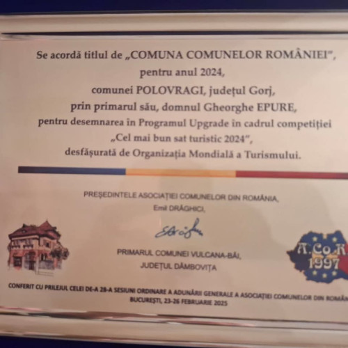 Polovragi, distinsă cu titlul de &quot;Comuna Comunelor României&quot; pentru 2024