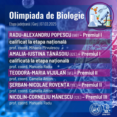 Doi elevi de la Colegiul Național &quot;Tudor Vladimirescu&quot; Târgu Jiu se califică la faza națională a Olimpiadei de Biologie