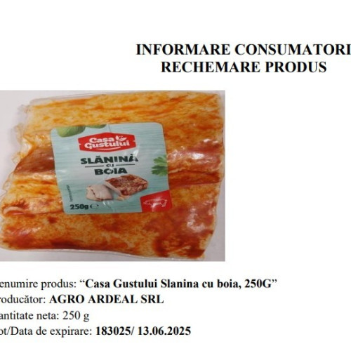ALERTĂ ALIMENTARĂ: Slănina cu boia retrasă de la Penny din cauza Listeriei