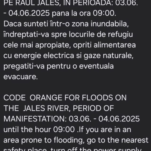 ISU Gorj a emis avertizare RO-ALERT pentru localitățile din apropierea râului Jales