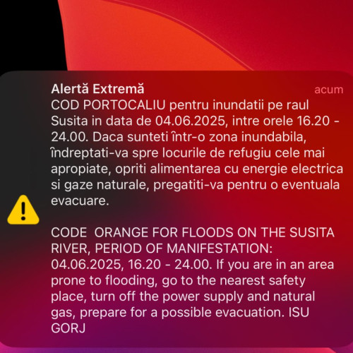 Alertă de inundații emisă pe 4 iunie 2025 în Gorj din cauza riscului major pe râul Susita