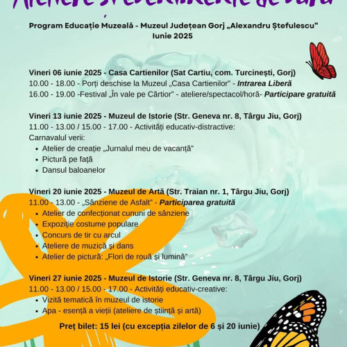 Muzeul Județean Gorj „Alexandru Ștefulescu” pregătește o serie de activități pentru luna iunie, menționează asingerj.ro. Evenimentele sunt destinate tuturor vârstelor și se vor desfășura în diverse locații din Târgu Jiu și împrejurimi.