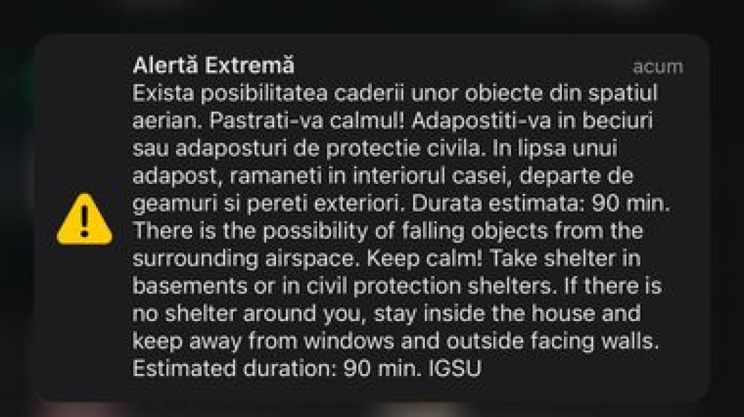 RO-Alert: Există riscul căderii unor obiecte din spaţiul aerian