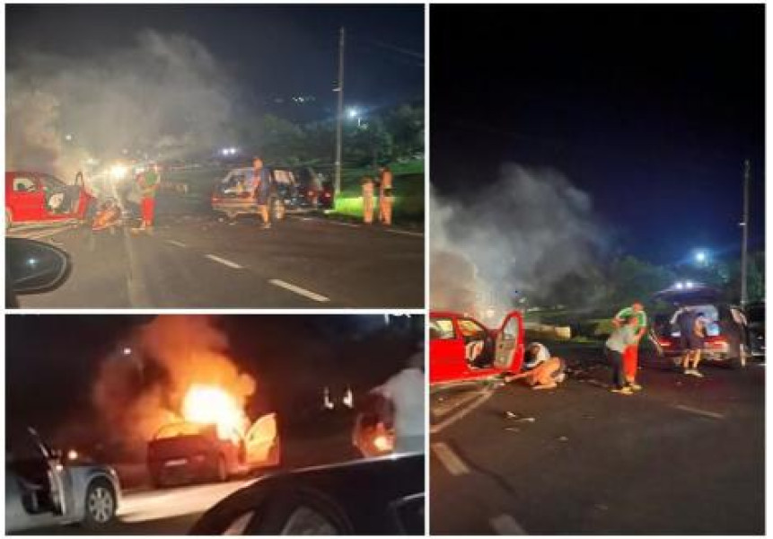 Două persoane rănite într-un accident cu mașină în flăcări pe DN 76