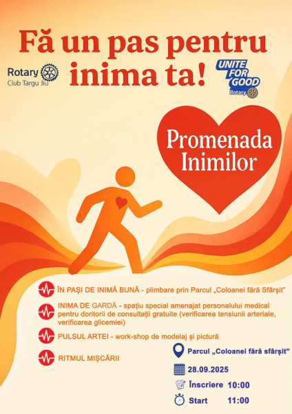 Rotary Club Târgu Jiu organizează promenada inimilor pentru sănătatea cardiovasculară