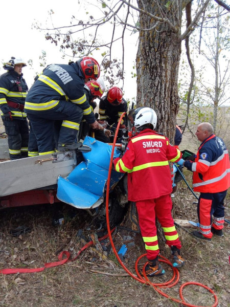 Accident grav în Timiș: dubă cu lemne a intrat într-un copac, un adolescent încarcerat